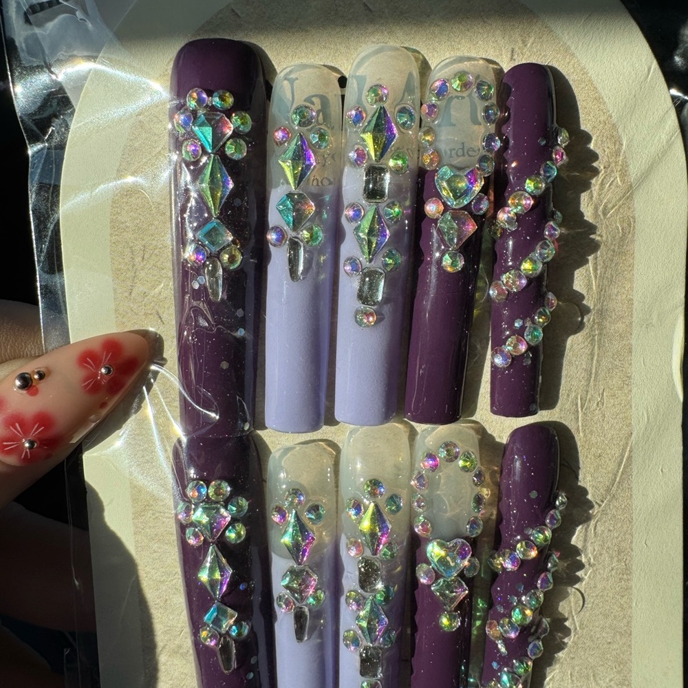 Purple and Lavender Rhinestone Press-On Nails